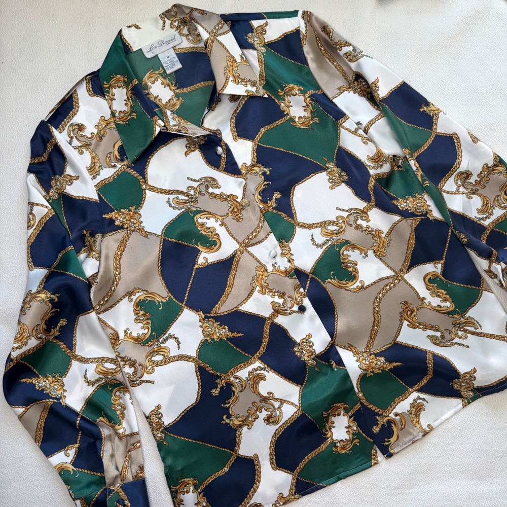 Lee David Collection Baroque Chain Print Blouse Navy Green Gold Satin Top Medium